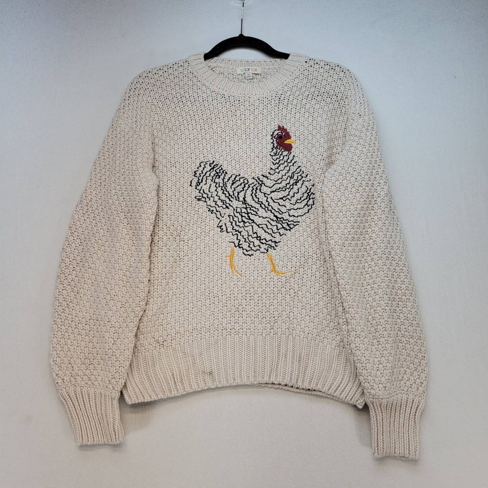 Molly Yeh Sweater Womens XS Cream Farmhouse Embroidered Chicken Knit Pullover
